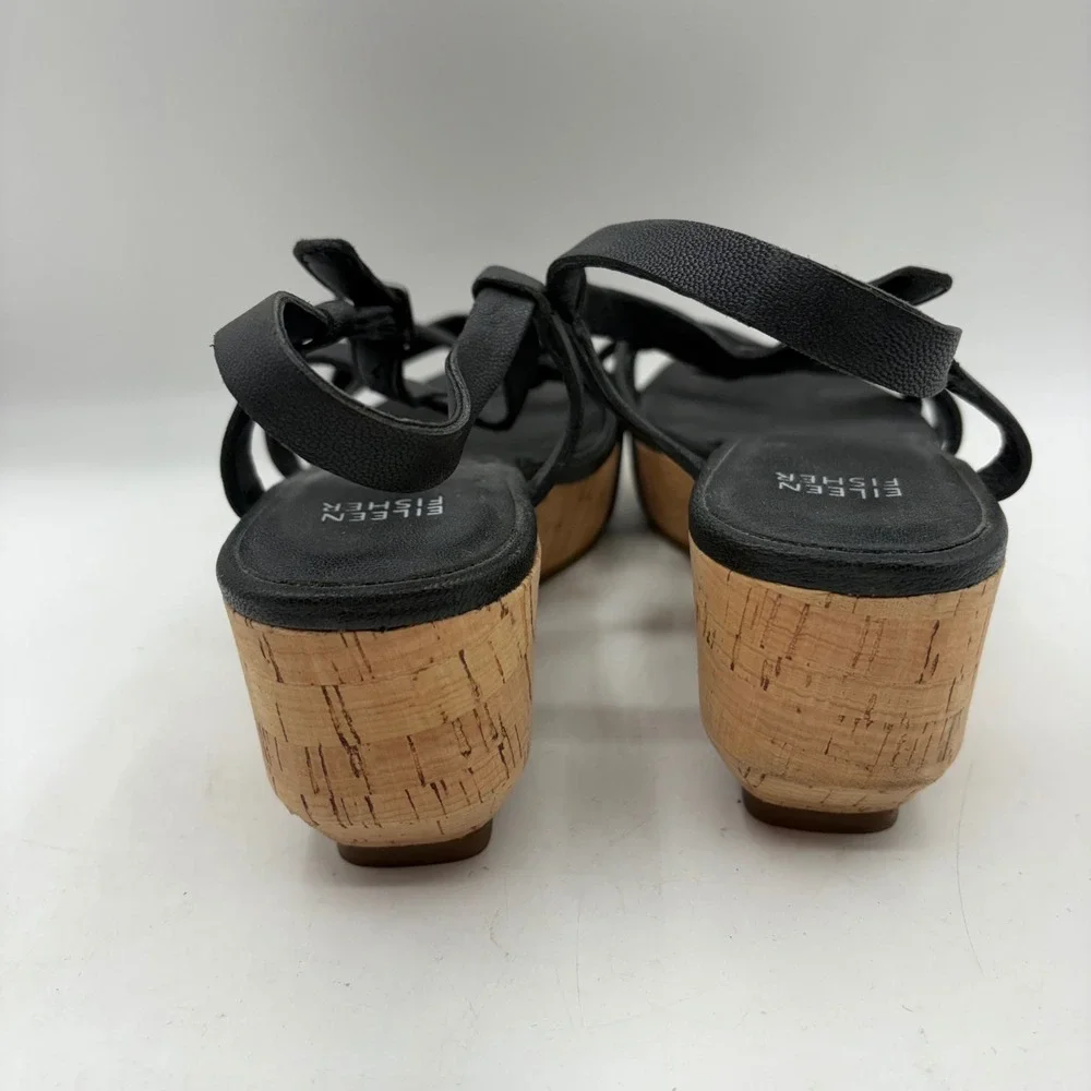 Eileen‎ Fisher Womens Black Leather Cork Platform Wedge Strappy Sandals Size 9.5